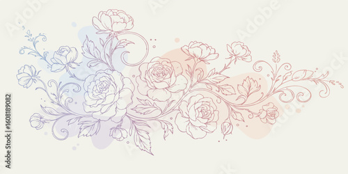 An elegant vector composition of blooming flowers and organic vines, illustrated with clean lines and soft pastel gradients