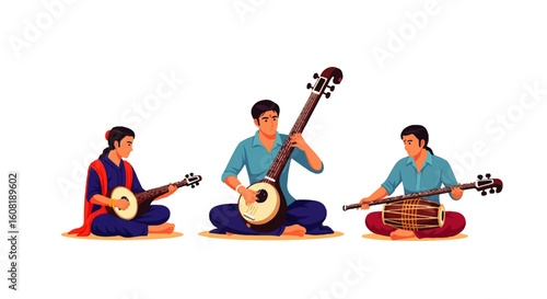 Three musicians playing traditional Indian stringed instruments while seated on the floor.