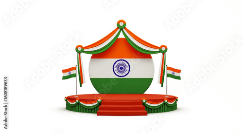 A 3D rendering of the Indian flag displayed on a stage with draped fabric and miniature flags.