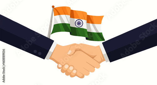Business handshake agreement with the Indian flag.