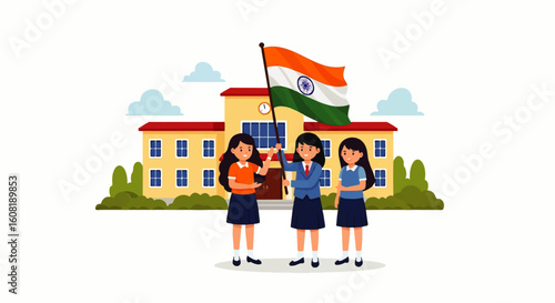 Three girls in school uniforms stand in front of a building, holding the Indian flag.