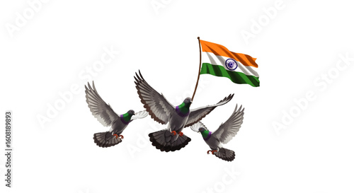 Three pigeons in flight carry the Indian flag, symbolizing patriotism and freedom.