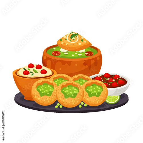 Colorful illustration of Indian street food, pakoras, and chutneys on a platter.
