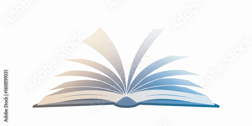 A soft and clean vector illustration of an open book with flying or fluttering pages