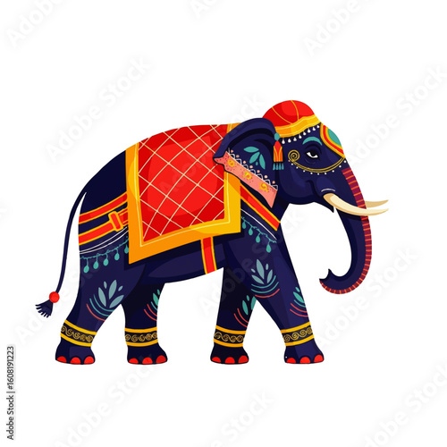 Ornate Indian elephant, richly decorated with vibrant colors and traditional patterns, walking majestically.