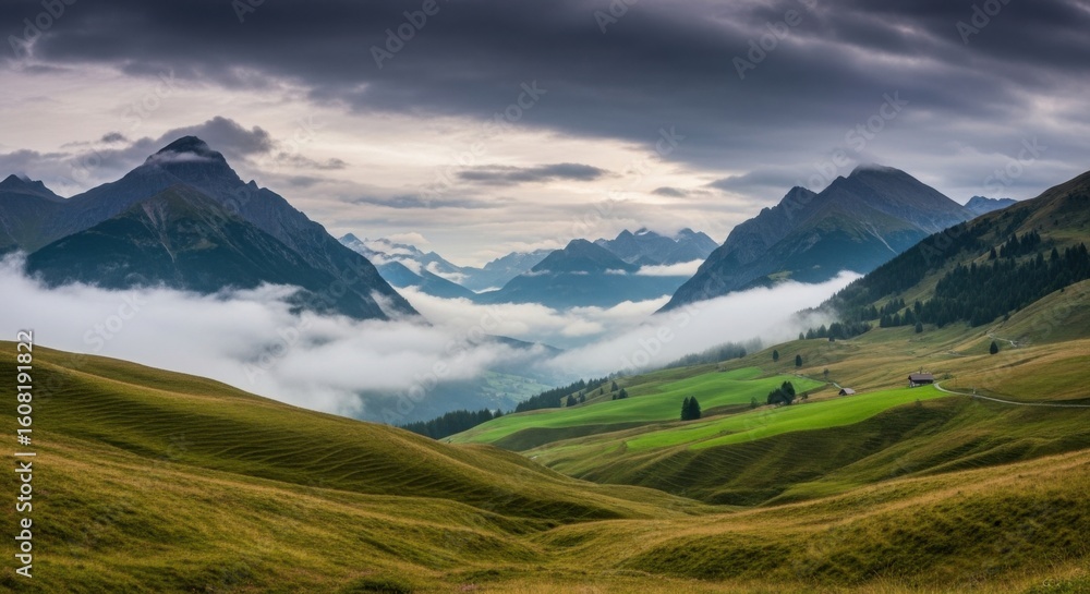 Fototapeta premium Majestic Mountain Landscape with Rolling Hills and Wispy Clouds