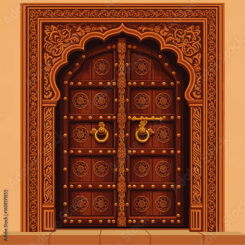 Ornate wooden door with intricate carvings and golden accents, showcasing traditional Indian architecture.