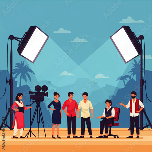 A film crew filming a group of people in a studio set.