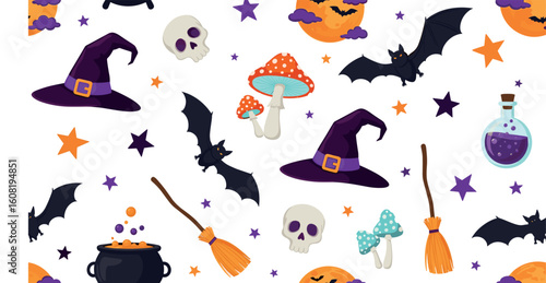 Cute Halloween seamless pattern. Magic cauldron, hat, mushrooms, poison, hat witch, bat, skull. 