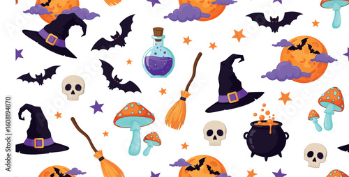 Cute Halloween seamless pattern. Magic cauldron, hat, mushrooms, poison, hat witch, bat, skull. 