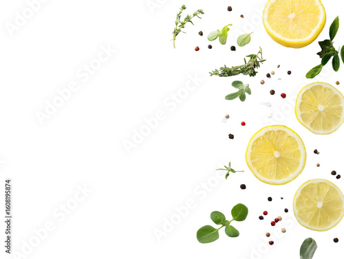 Vibrant lemon slices and fresh herbs scattered with peppercorns and salt create a dynamic culinary composition perfect for food blogs recipe cards and healthy lifestyle promotions