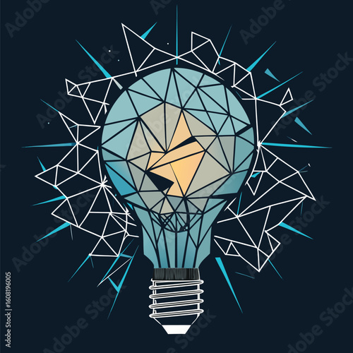 Abstract shattered light bulb filament design with vibrant color accents