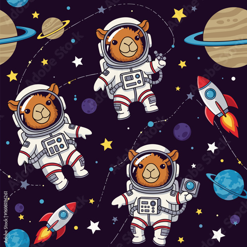 Adorable llamas in spacesuits exploring the cosmos; perfect for children's books, textiles, or websites.