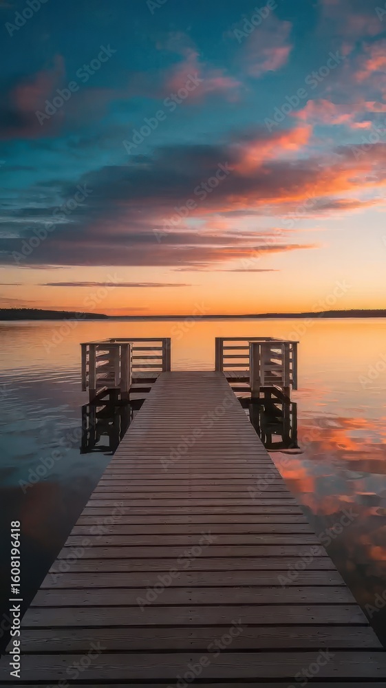 Obraz premium Serene waterfront pier under a vibrant sunset horizon displaying beauty