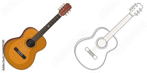 Warm toned wooden acoustic guitar and outline musical instrument