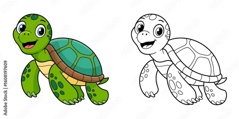 Obraz premium Happy green sea turtle swimming cartoon illustration