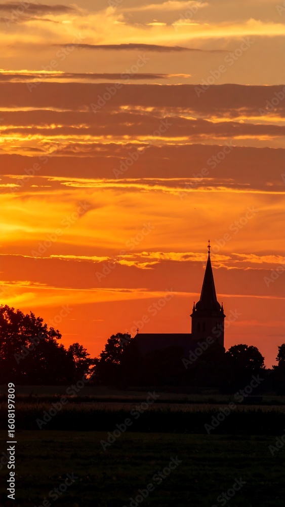 Naklejka premium Sunset over church silhouette