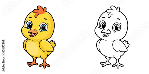 Yellow chick with blue eyes and orange comb cartoon