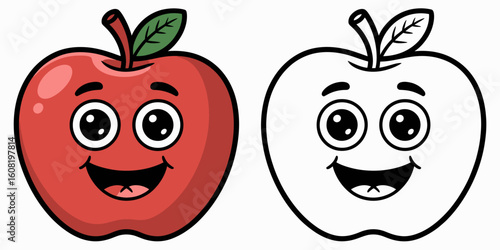 Happy red apple and outline fruit cartoon