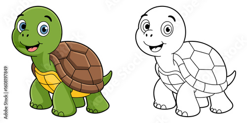 Happy green turtle with brown shell cartoon illustration