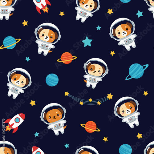 Adorable dogs in astronaut suits floating in space, perfect for children's products or space-themed designs.