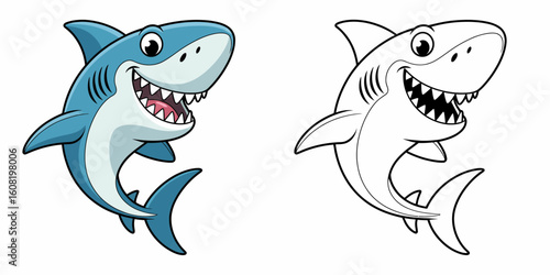 Happy blue shark cartoon illustration white