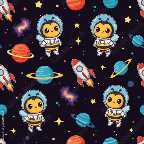 Cute Bee Astronaut Seamless Pattern for Kids' Products, Fabric, or Website Background