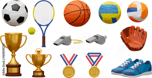 Assortment of sports equipment representing athletic activities and achievements displayed for promotional material.