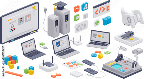 Isometric view of digital learning tools and accessories for educational technology