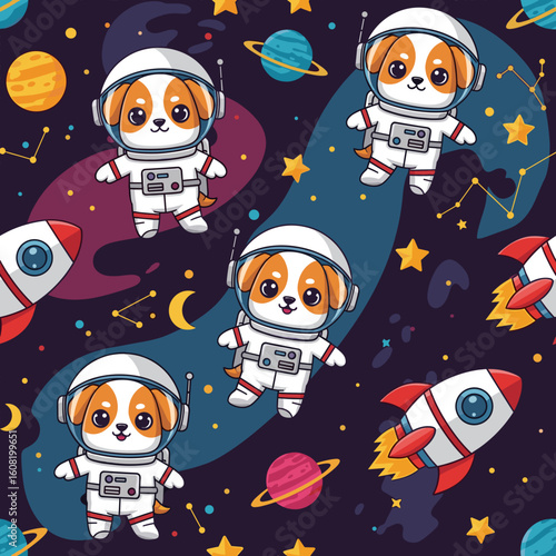 Adorable dog astronauts in space, perfect for kids' apparel, textiles, or children's book illustrations.