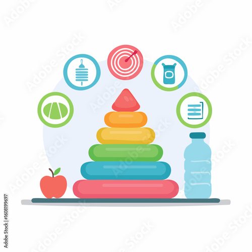 Colorful illustration featuring a stackable toy, apple, water bottle, and various icons.