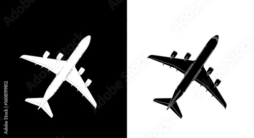 Black and white silhouette icon of a passenger airplane. Concept of travel, duality, and global transportation.