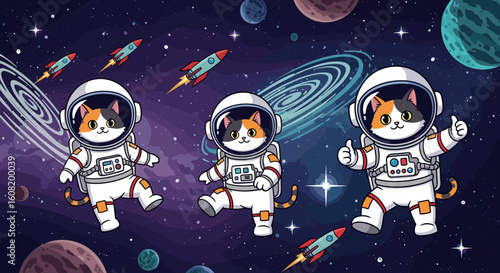 Cute calico cats in astronaut suits floating in space, perfect for children's books, websites, or apparel.