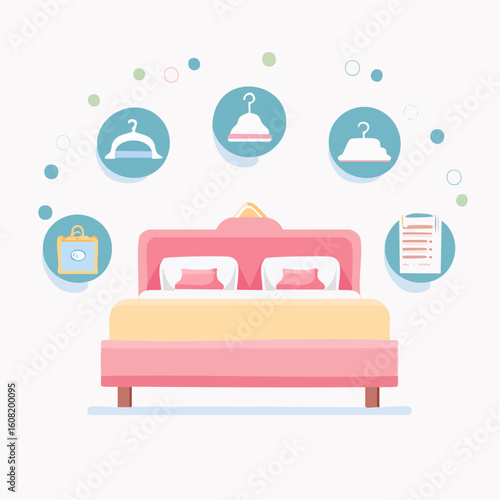 Illustration of a pink bed with pillows and a yellow blanket, surrounded by icons of hangers, a bag, and a list.