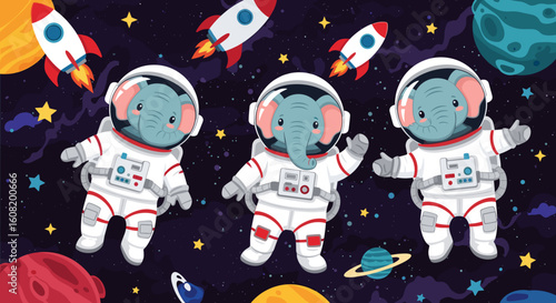 Adorable elephants in astronaut suits floating in space, perfect for children's books or educational materials.