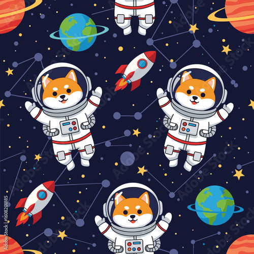 Cute Shiba Inu Astronauts in Space: Seamless Pattern for Kids' Products