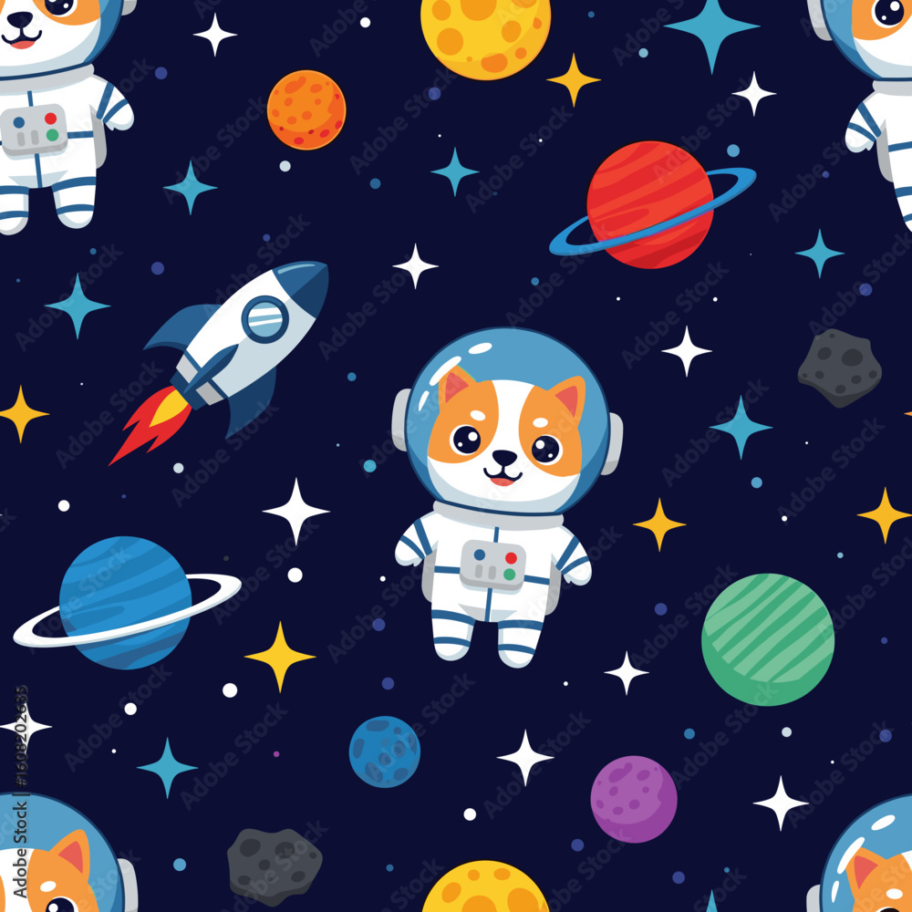 Adorable Shiba Inu Astronaut Seamless Pattern: Perfect for kids' clothing, textiles, and space-themed designs. Adorable Shiba Inu Astronaut Seamless Pattern: Perfect for kids' clothing, textiles, and space-themed designs.