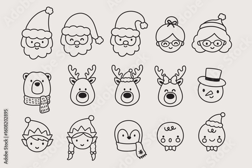 Cute Christmas character outline drawing vector illustration featuring Santa Claus, Mrs. Claus, reindeer, polar bears, snowmen, elves, penguins, and gingerbread men.