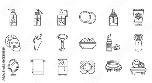 A collection of minimalist line icons depicting various beauty and skincare products and tools.