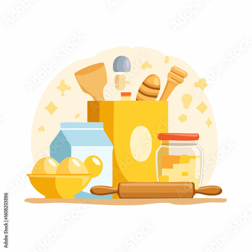 Bakery supplies arranged in a graphic illustration, showcasing ingredients and tools for baking.