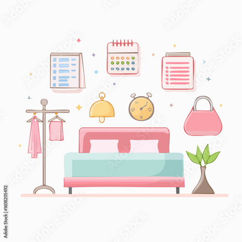A cute illustration of a bedroom scene with a bed, clothes rack, alarm clock, calendar, and other daily life objects.
