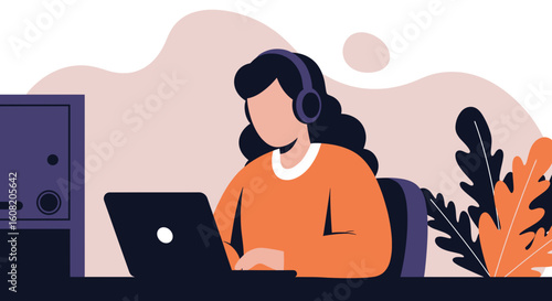 Woman working from home on laptop, wearing headphones. Perfect for blogs, websites, and articles about remote work.
