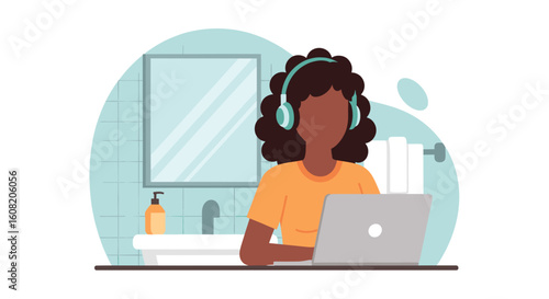 Woman working on laptop in bathroom, perfect for blog posts about work-life balance or remote work.