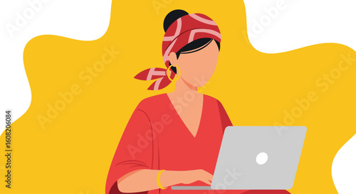 Woman working on laptop, perfect for website banners or social media posts about remote work, freelancing, or technology.
