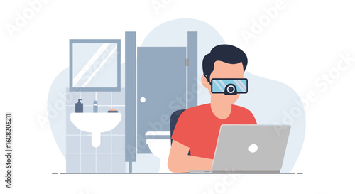 Person working on laptop in a bathroom, ideal for articles about remote work, privacy, or unusual workspaces.