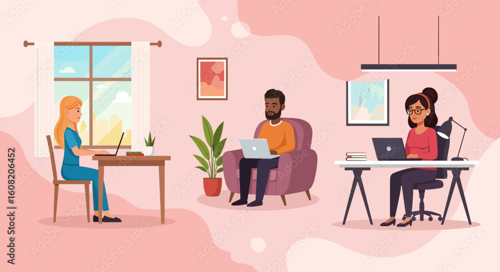 Diverse team working remotely from home offices. Perfect for illustrating remote work, collaboration, or work-life balance. Diverse team working remotely from home offices. Perfect for illustrating remote work, collaboration, or work-life balance.