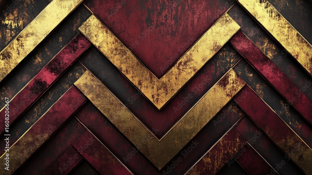 Abstract background with gold and burgundy chevron pattern and textured surface design element Abstract background with gold and burgundy chevron pattern and textured surface design element