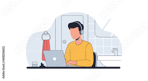 Man working on laptop in bathroom, perfect for articles about remote work, work-life balance, or flexible schedules.