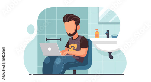 Man working on laptop in bathroom - perfect for articles about remote work, work-life balance, or modern lifestyle.