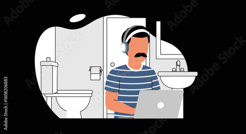 Man working on laptop in bathroom - illustration for blog, article or website.